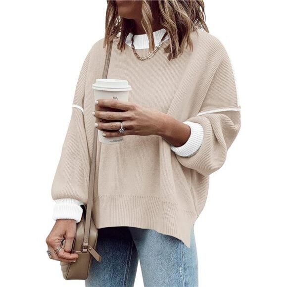 Womens Oversized Sweaters ‎ Batwing Sleeve Colorblock Knit Pullover Sweater Tops - Picture 2 of 6